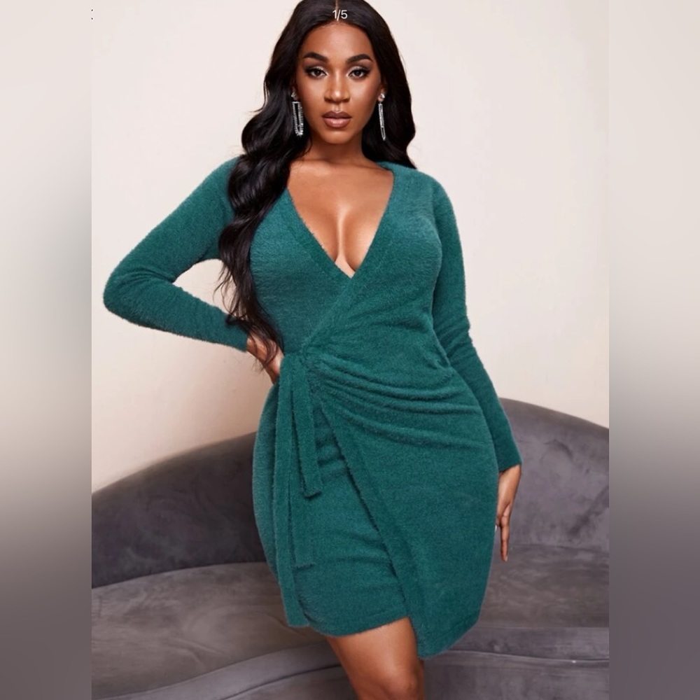 Fluffy Wrap Sweater Dress